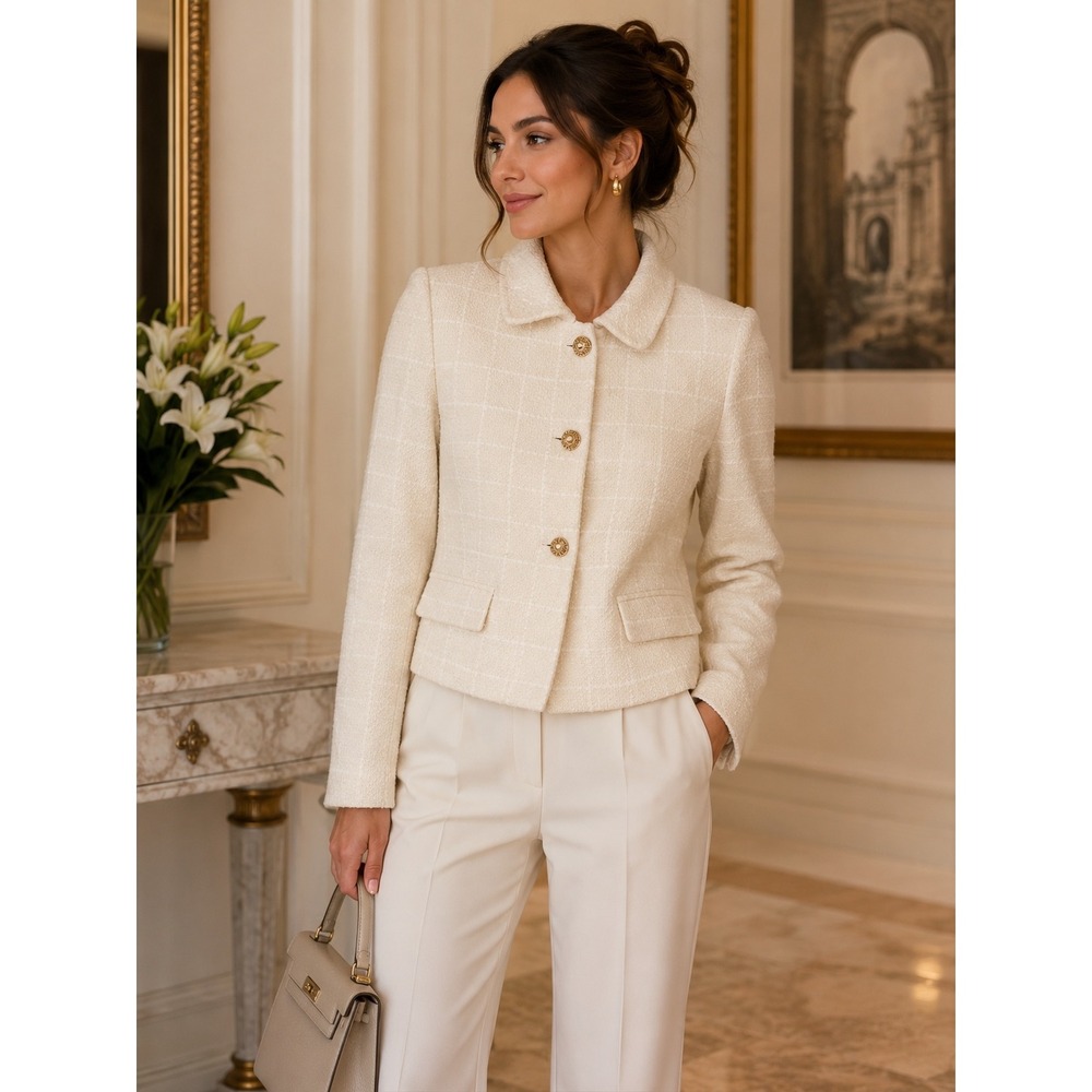 Zara Womens Cream Windowpane Jacket Gold‎ Crest Buttons Large